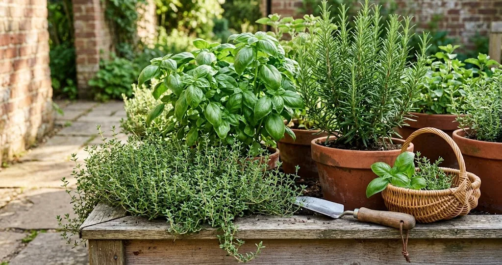 Outdoor kitchen herb garden with sweet basil, rosemary, and thyme in terracotta pots and a cedar raised bed in morning sunlight