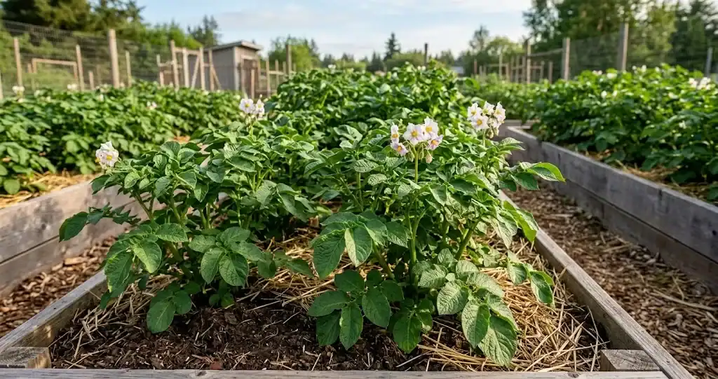 Vigorous green potato plants growing in an outdoor garden bed