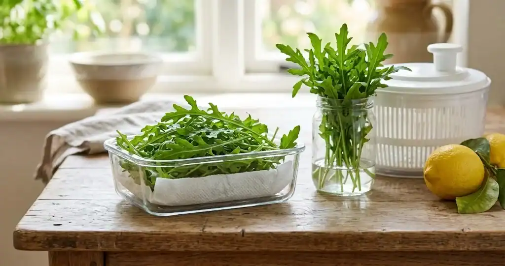 Fresh garden rocket herbs prepared for kitchen storage with a paper-lined glass container and a jar of water on a wooden counter