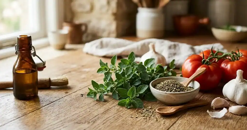 Fresh oregano sprigs, dried oregano, garlic, tomatoes, and olive oil arranged on a warm kitchen worktop