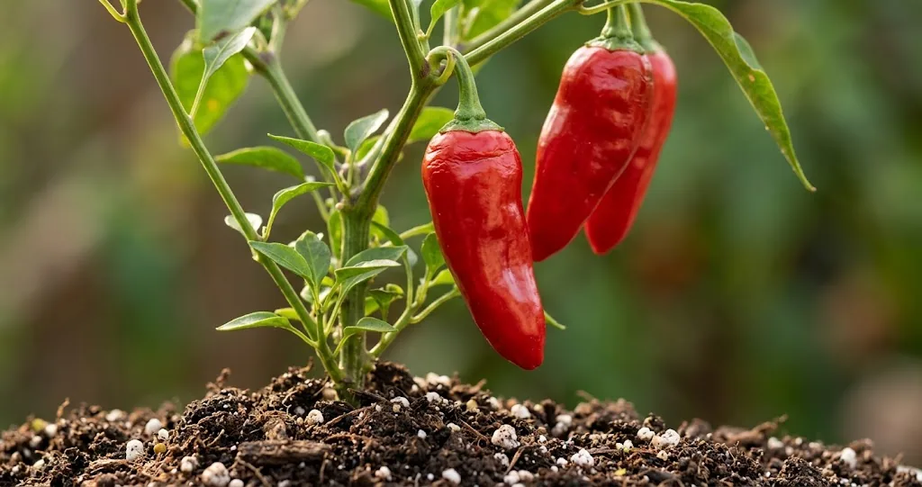 Mature red chili pods hanging on a Capsicum annuum plant with dark loose soil and perlite grains visible at the base