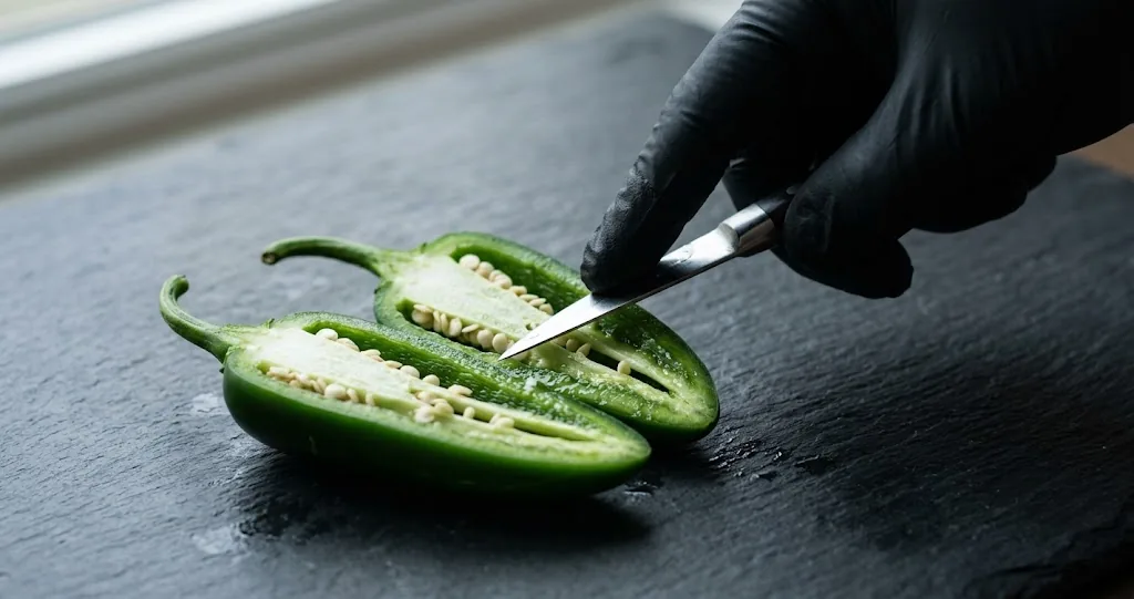 Halved fresh green jalapeño pepper on dark slate with gloved hand holding knife indicating inner placenta and capsaicin ribs