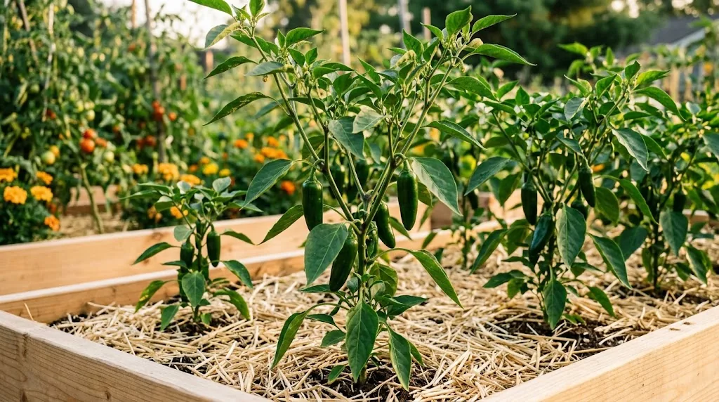 Low raised garden beds with healthy mature fruiting jalapeño pepper plants mulched with straw under warm morning sunlight
