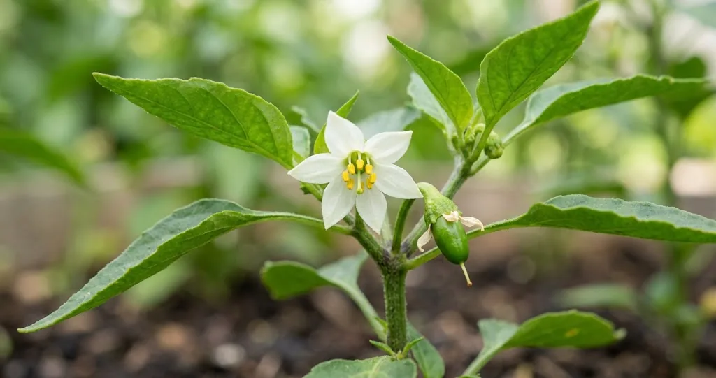 Open white chili flower with yellow anthers beside a tiny forming green pod on the same branch, soft daylight macro