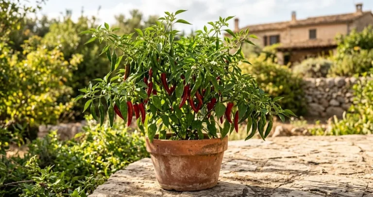 Mature fruiting chili pepper plant flourishing in a terracotta container on a sunny stone terrace
