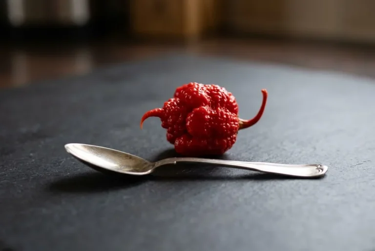 Single mature bright red Carolina Reaper pod with stinger tail beside silver teaspoon on dark slate