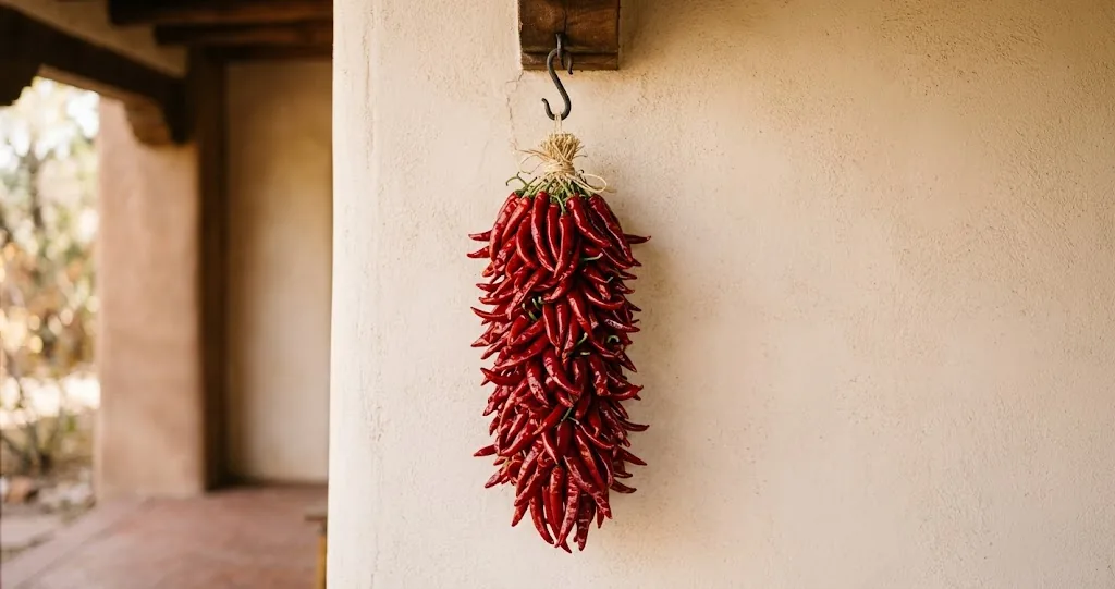 A traditional red chili ristra hanging against a pale plaster wall from a wooden beam