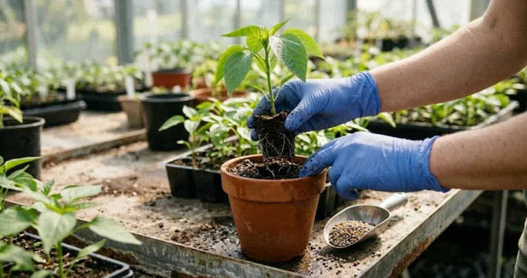 Gloved hands potting up a young Jalapeño pepper plant in a terracotta pot beside a scoop of granular fertilizer