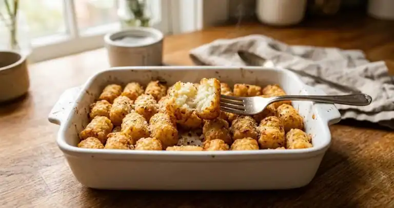 Golden brown tater tots in a white ceramic baking dish with a fork lifting one to show the fluffy interior