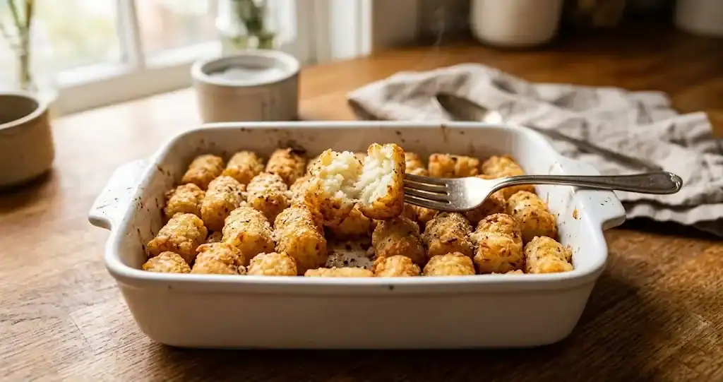 Golden brown tater tots in a white ceramic baking dish with a fork lifting one to show the fluffy interior