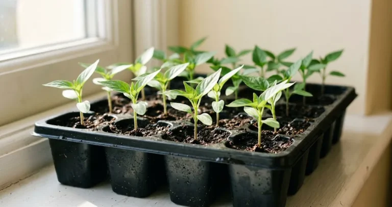 Young chili seedlings in a black plastic cell tray with first true leaves on a bright windowsill in early spring light