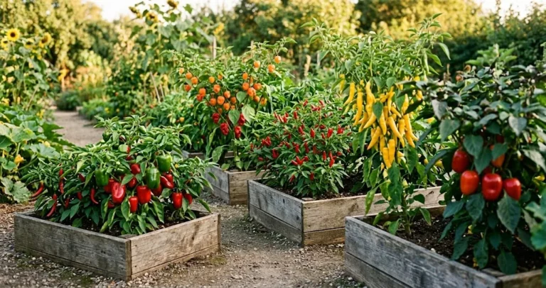 Five raised garden beds each holding one of the five Capsicum species in fruit: bell pepper, habanero, Tabasco, ají amarillo, and rocoto