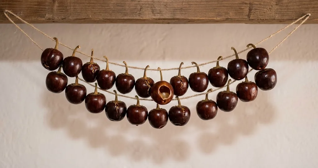 Hand-tied bundle of dried cascabel chili pods hanging from a wooden beam on a pale plaster wall in a Mexican kitchen.