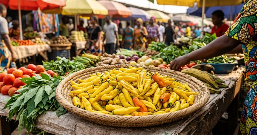 Fresh ripe yellow Fatalii peppers in a woven palm-fiber basket at a Central African morning market