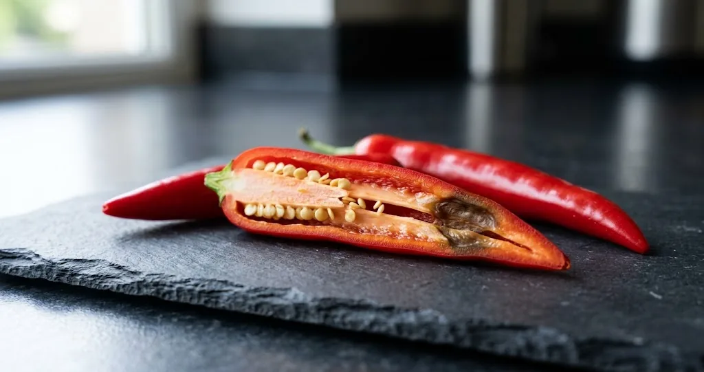Halved ripe red chili pod on dark slate showing the pale placenta and a sunken blossom-end rot lesion at the tip