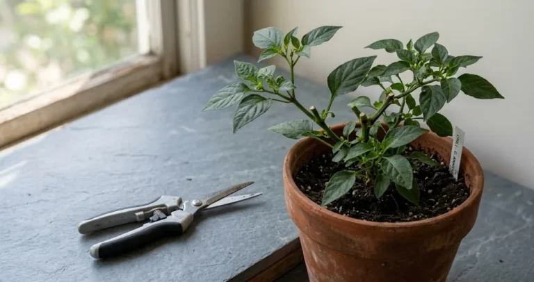 Clean bypass pruning snips on a slate work surface beside a small Capsicum annuum chili plant in a terracotta pot with two recent pruning cuts visible above the top growth nodes.