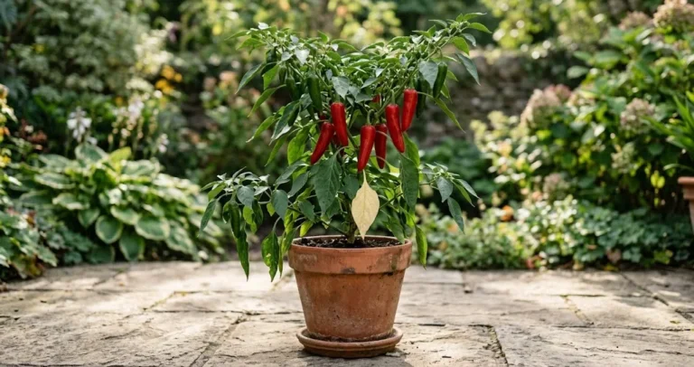 Slightly stressed mature chili plant in a terracotta pot with ripe red pods