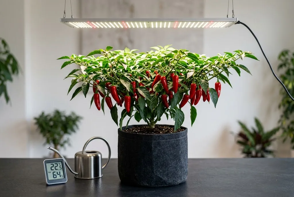 Compact fruiting indoor chili pepper plant growing in a fabric aeration pot under an LED grow light panel with digital hygrometer