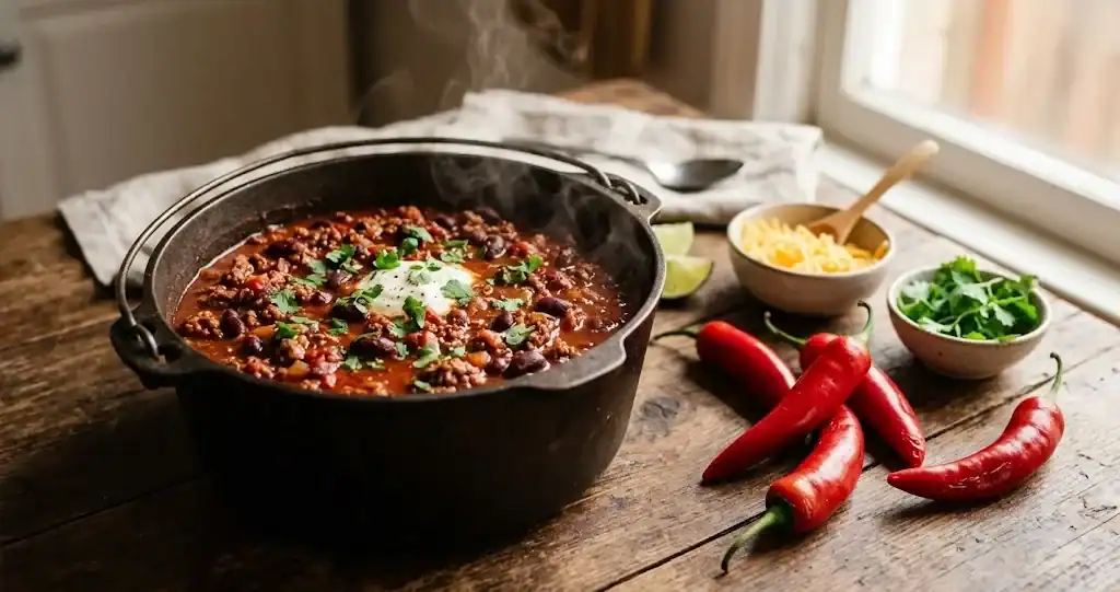Dutch oven of red beef chili with kidney beans and toppings on a wooden table