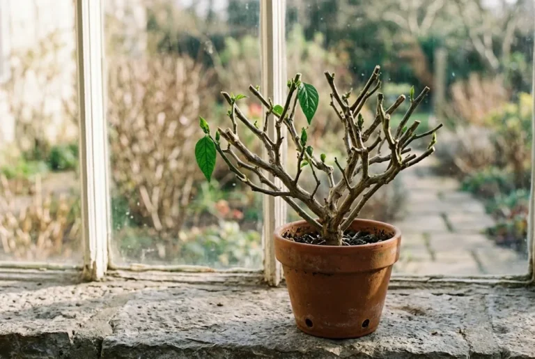 Overwintered potted chili plant with fresh new green growth on a sunny indoor windowsill