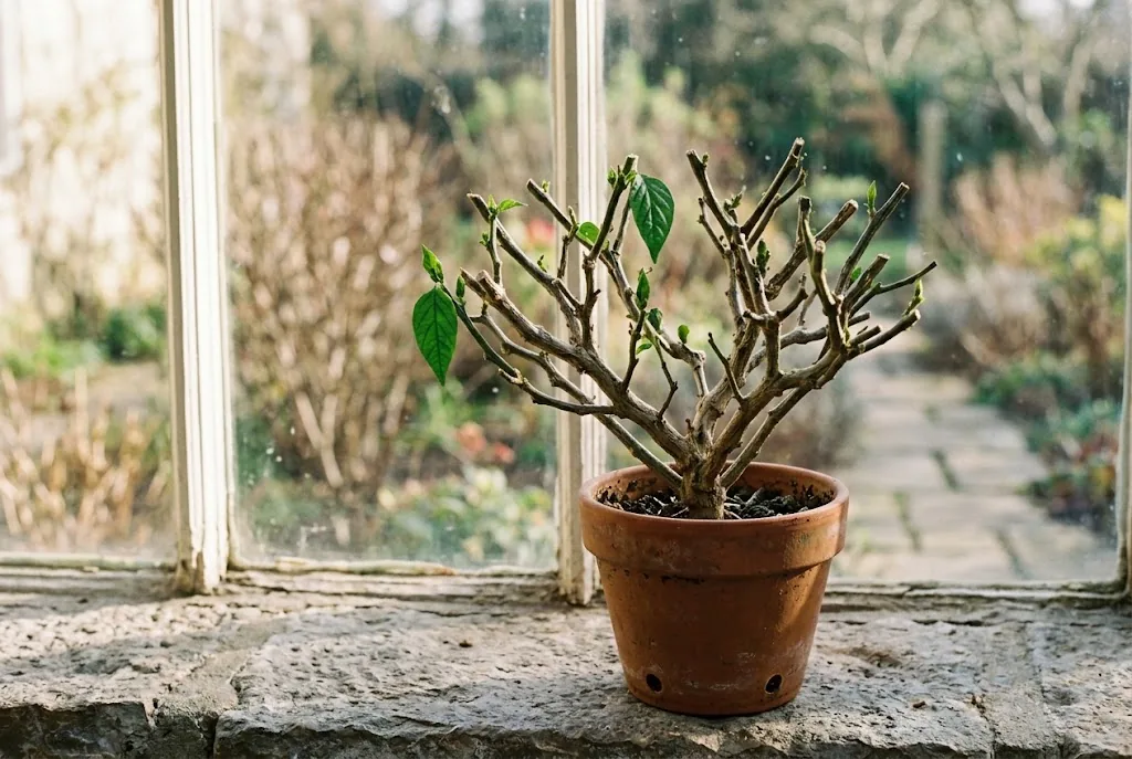 Overwintered potted chili plant with fresh new green growth on a sunny indoor windowsill