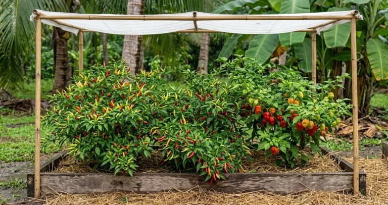Mature chili pepper bed in full fruit during the wet season in a tropical lowland garden with coconut palms and banana leaves behind, white shade cloth overhead
