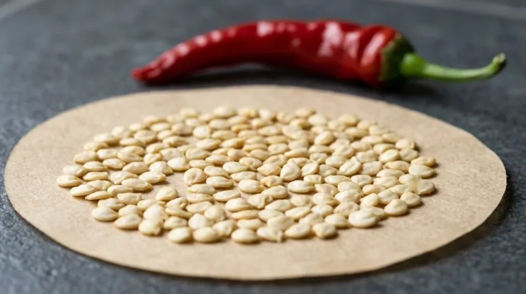 Freshly extracted cream-colored chili seeds drying in a single layer on an unbleached coffee filter beside a ripe red cayenne chili pod