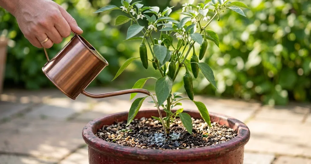 Hand with a slim-spouted metal watering can pouring water at the base of a mature chili plant in a terracotta container on a sunlit patio