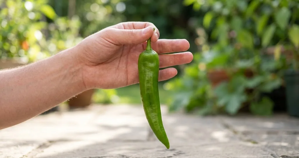 A long, light green Anaheim pepper pod held in a human hand by a sunlit patio, full tapered length visible for scale