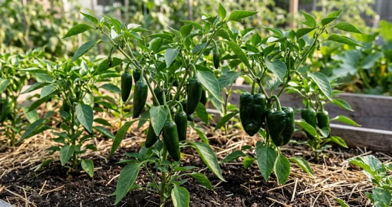 Lush raised garden bed with healthy jalapeño and poblano chili pepper plants bearing heavy fruit