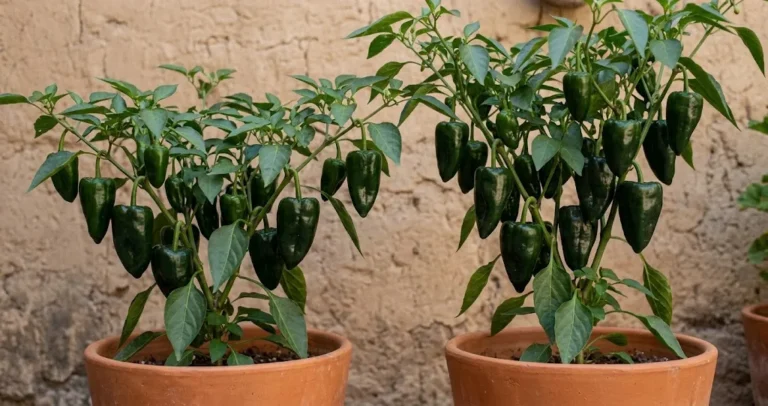Mature poblano pepper plants in terracotta pots in a Puebla courtyard, dark green heart-shaped pods catching morning light against an adobe wall