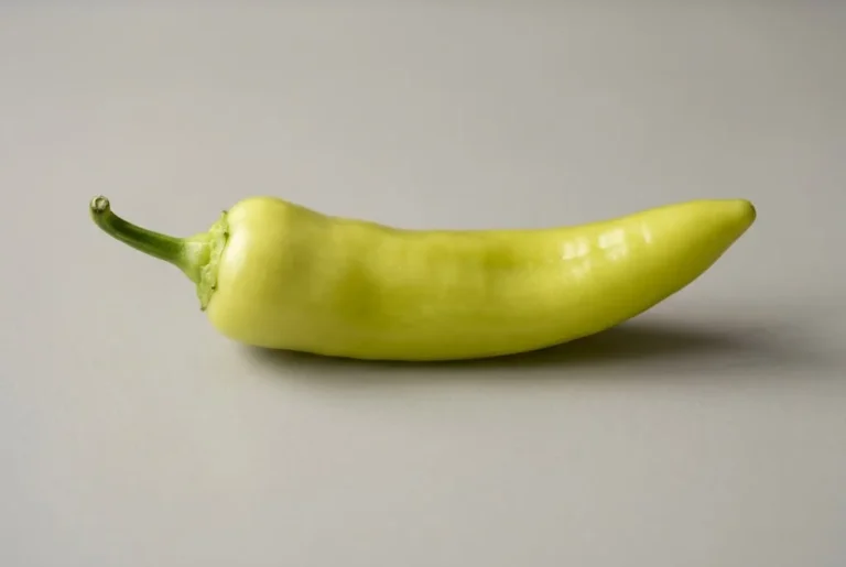 Single fresh pale yellow banana pepper pod on neutral ceramic slab