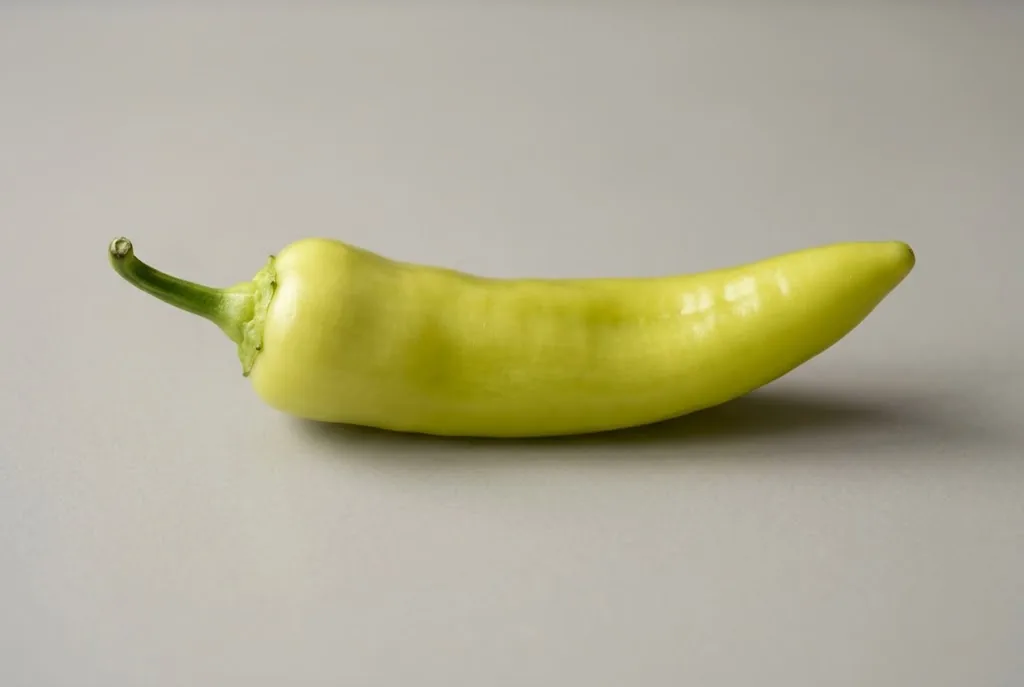Single fresh pale yellow banana pepper pod on neutral ceramic slab