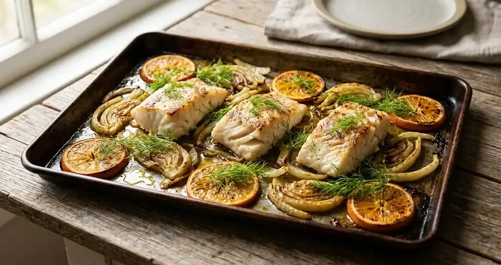 Roasted cod nestled in caramelized fennel slices and orange rounds on a sheet pan