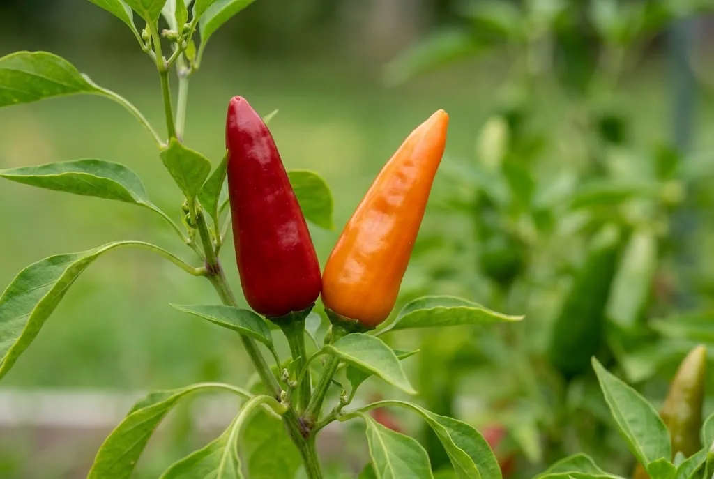 Two mature Fresno pepper pods hanging on a living Capsicum annuum branch, one ripe red and one turning orange