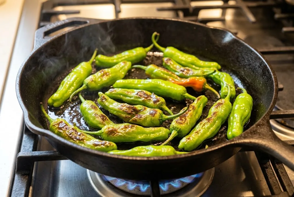 A cast-iron skillet of pan-blistered bright green shishito peppers with brown char spots