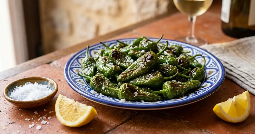 A serving plate of blistered green Padron peppers glistening with olive oil, finished with flaky coarse sea salt and a lemon wedge