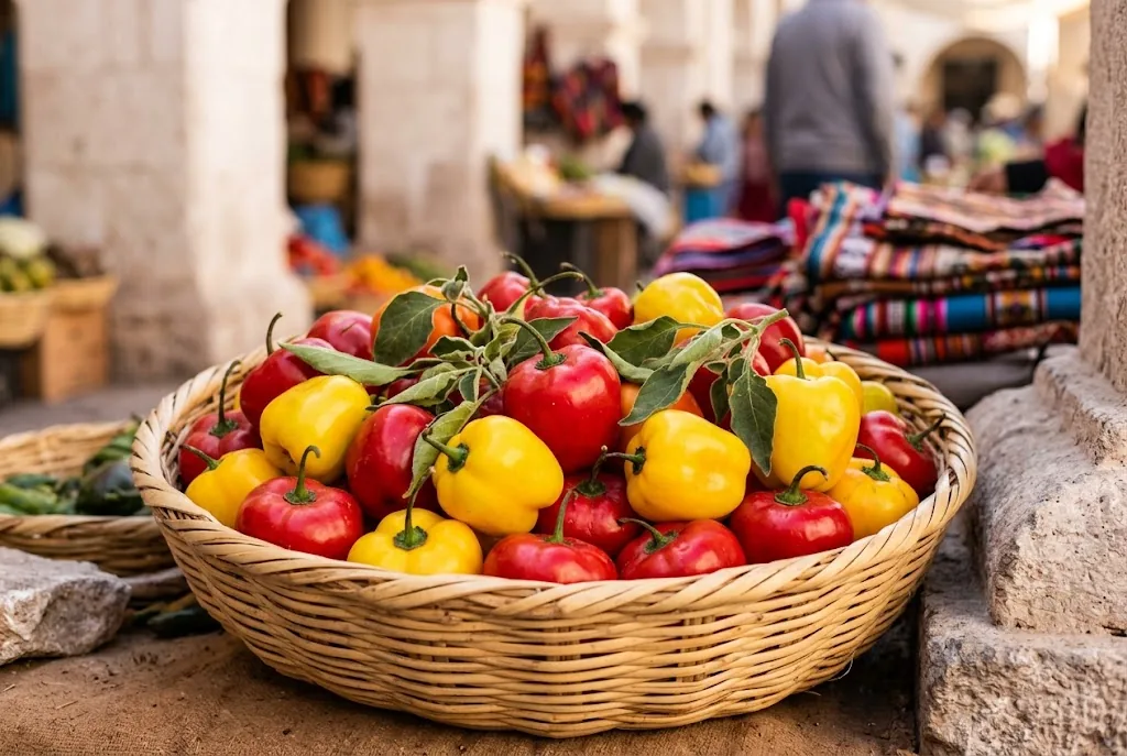 Woven reed basket heaped with freshly harvested red and yellow rocoto peppers at an open-air market in Arequipa Peru