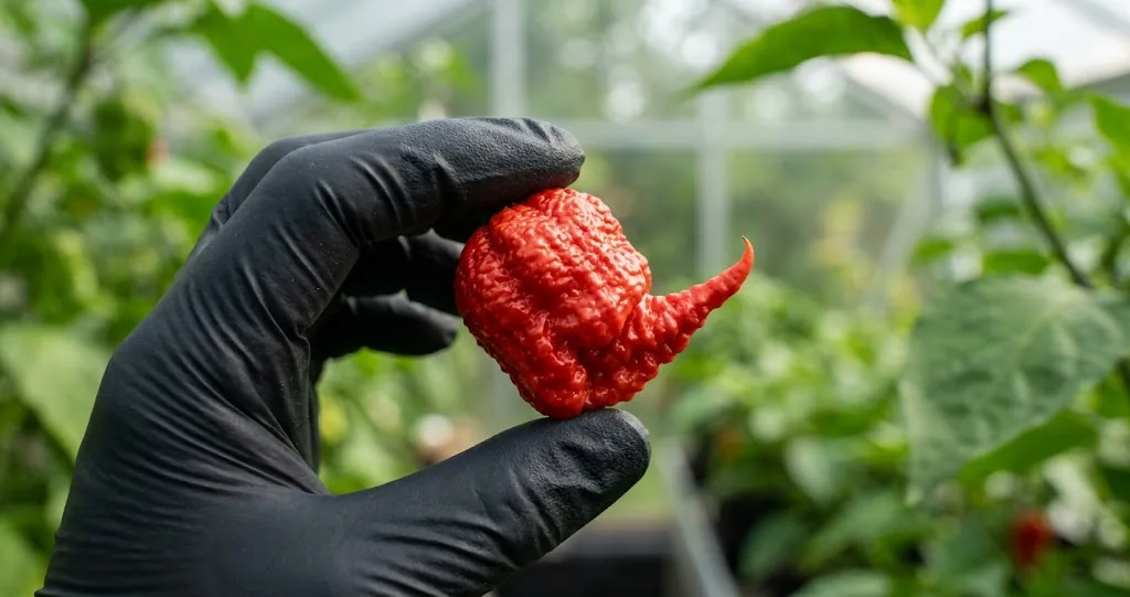 Hand wearing a black nitrile glove holding a single ripe red Trinidad Scorpion pepper pod with rough bumpy skin and sharp stinger tail