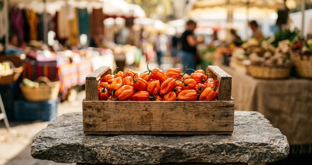 A small market crate of ripe orange habanero peppers at a sunlit outdoor market, never on a wood surface