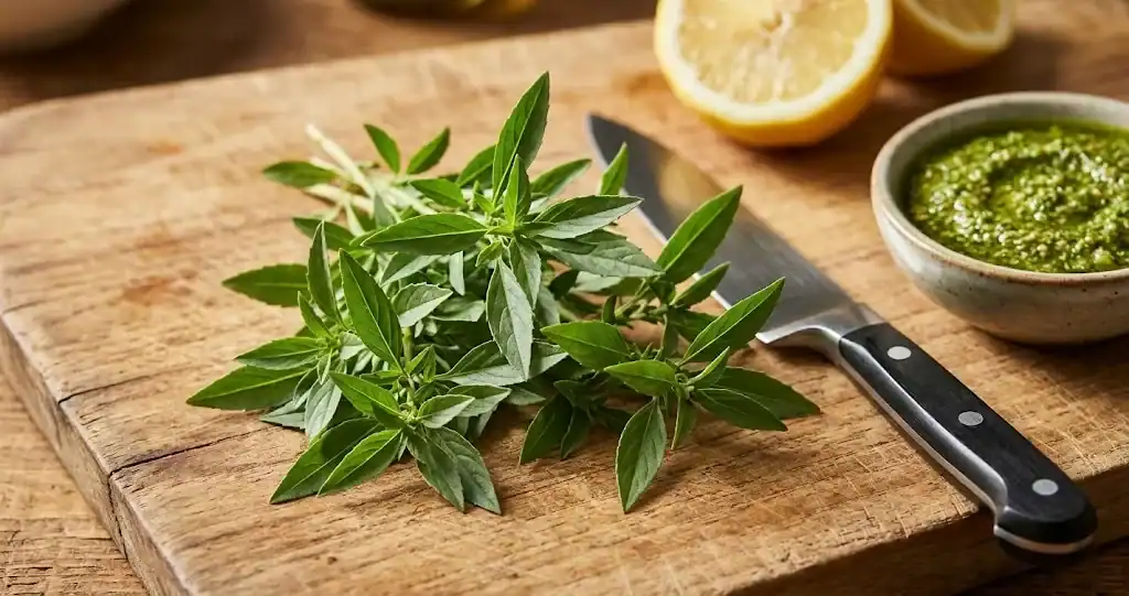 A small bunch of fresh lemon basil on a wooden cutting board beside a chef's knife and a small bowl of bright green pesto