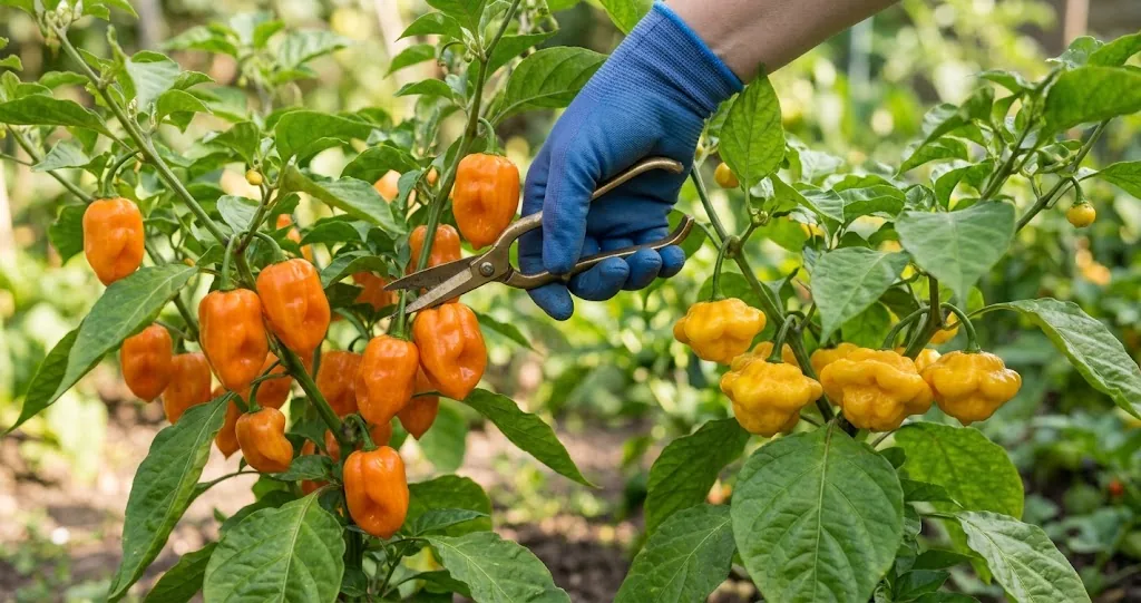 Gloved hand with brass snips harvesting ripe orange habanero from one Capsicum chinense plant and ripe yellow scotch bonnet from a second plant side by side in a sunlit backyard garden