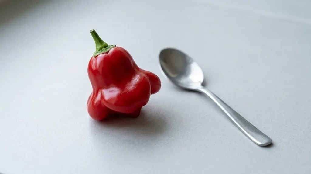 One glossy ripe red Bishop's Crown pepper pod with three winged lobes beside a stainless teaspoon on a pale grey ceramic tile