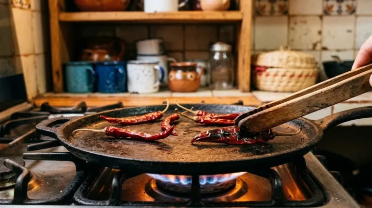Dried chile de arbol pods toasting in a heavy comal on a low blue flame with wooden tongs resting on the edge.