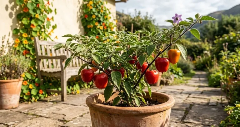 Mature rocoto Capsicum pubescens plant in tall terracotta planter on sunny stone patio, full fruit with apple-shaped red pods and one purple flower at the tip