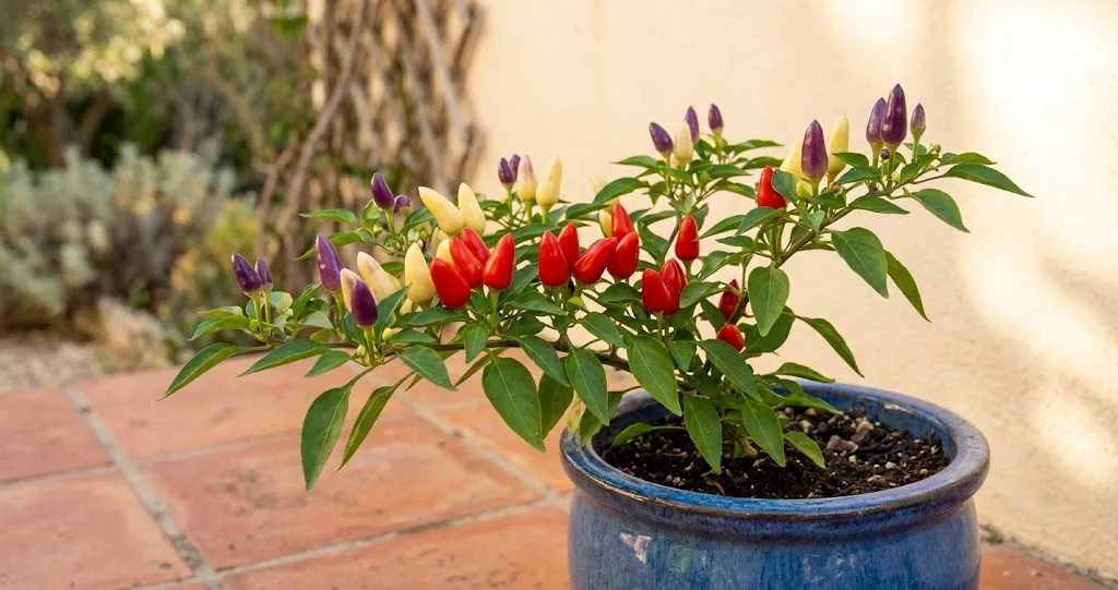 A mature ornamental Capsicum annuum pepper plant in a glazed blue ceramic pot on a sunny residential patio, one branch showing small upright pods in three ripeness stages together: deep purple at the top, pale yellow in the middle, and bright red at the lower stem