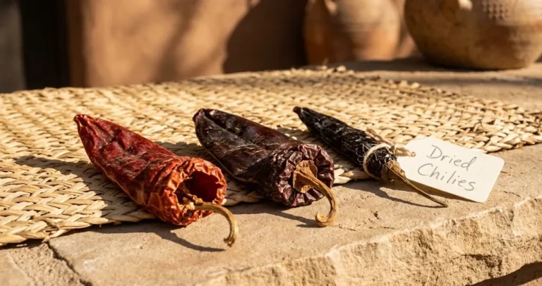 Three dried chili pods (one guajillo, one ancho, one pasilla, Capsicum annuum) drying in late afternoon sun on a woven straw mat