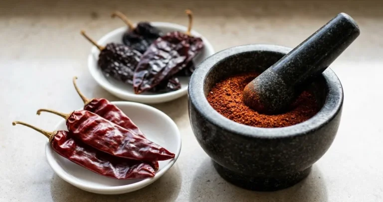 Dark granite mortar and pestle of brick-red chili powder with small dishes of dried guajillo and ancho pods on a stone kitchen counter.