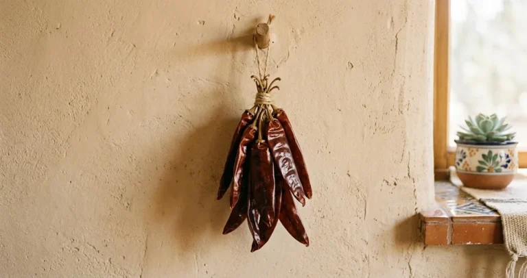 Small bundle of dried guajillo chili pods tied with twine, hanging as a ristra on a sunlit pale plaster wall in a Mexican kitchen