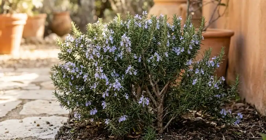 A mature rosemary shrub in a sunny herb garden with narrow needle leaves and small pale blue flowers